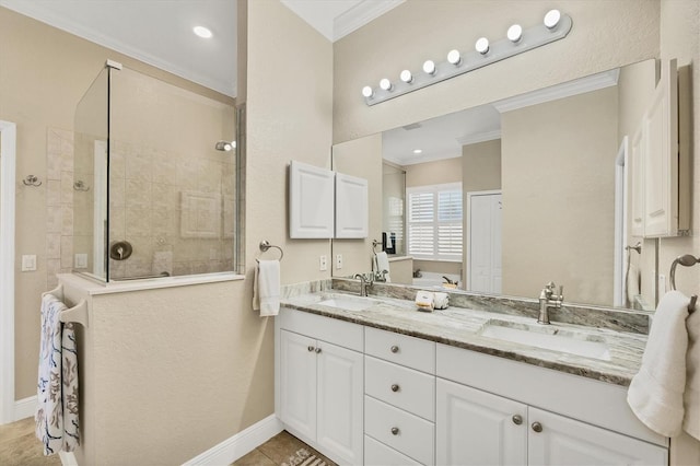 2471 Silver Palm Rd, North Port, FL 34288 - bathroom featuring crown molding, double vanity, and a walk in shower