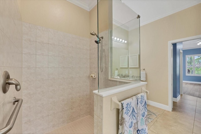 2471 Silver Palm Rd, North Port, FL 34288 - bathroom featuring crown molding, walk in shower, and tile patterned flooring
