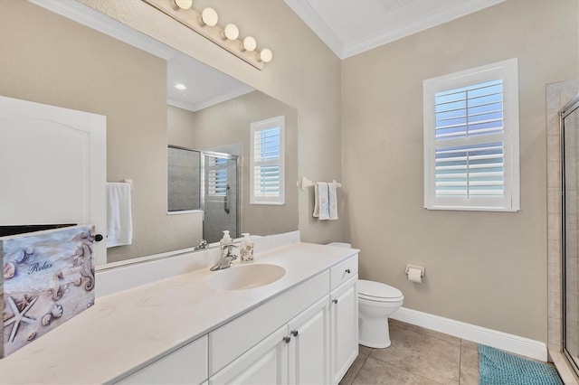 2471 Silver Palm Rd, North Port, FL 34288 - bathroom featuring crown molding, vanity, a shower stall, and tile patterned floors