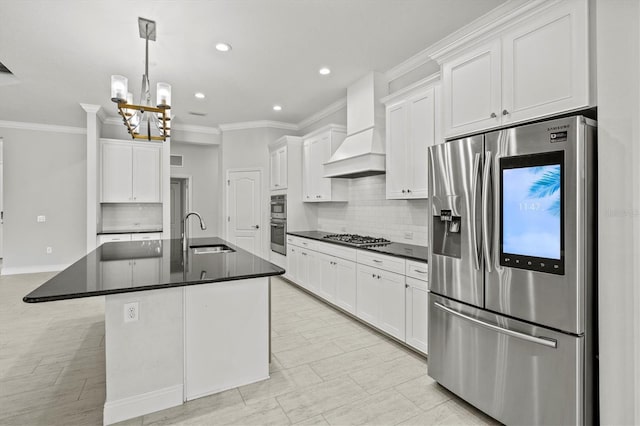 12301 Auburndale Ct, Venice, FL 34293 - kitchen with appliances with stainless steel finishes, dark countertops, crown molding, premium range hood, and tasteful backsplash