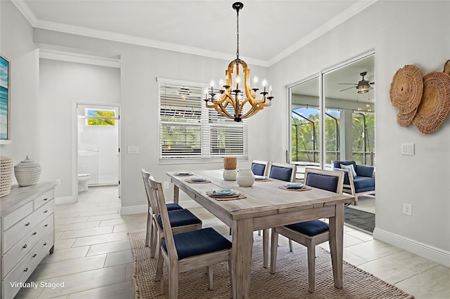 12301 Auburndale Ct, Venice, FL 34293 - dining area with a chandelier, a ceiling fan, and ornamental molding