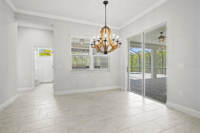 12301 Auburndale Ct, Venice, FL 34293 - unfurnished dining area featuring a chandelier, crown molding, and ceiling fan