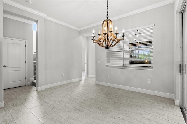 12301 Auburndale Ct, Venice, FL 34293 - spare room featuring a chandelier, crown molding, and stairs