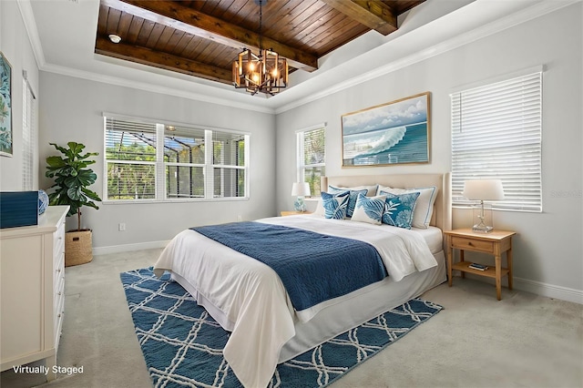 12301 Auburndale Ct, Venice, FL 34293 - bedroom with a wooden ceiling with exposed beams, light carpet, and a chandelier
