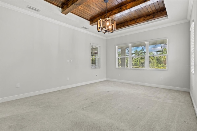 12301 Auburndale Ct, Venice, FL 34293 - empty room with a wooden ceiling with exposed beams, a chandelier, and light colored carpet