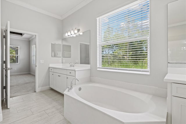 12301 Auburndale Ct, Venice, FL 34293 - bathroom featuring vanity, ornamental molding, a bath, and wood finished floors