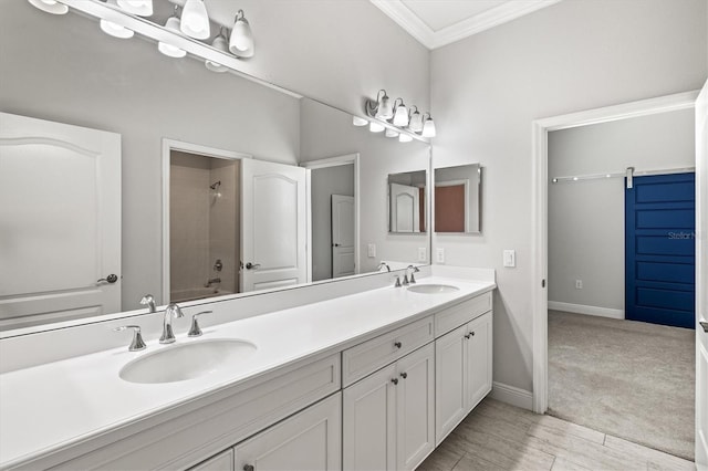 12301 Auburndale Ct, Venice, FL 34293 - full bathroom with double vanity, ornamental molding, and shower / bathtub combination
