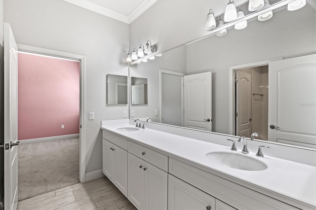 12301 Auburndale Ct, Venice, FL 34293 - full bathroom featuring ornamental molding, double vanity, wood finished floors, and a shower
