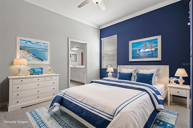 12301 Auburndale Ct, Venice, FL 34293 - bedroom featuring light colored carpet, ornamental molding, ensuite bath, and a ceiling fan