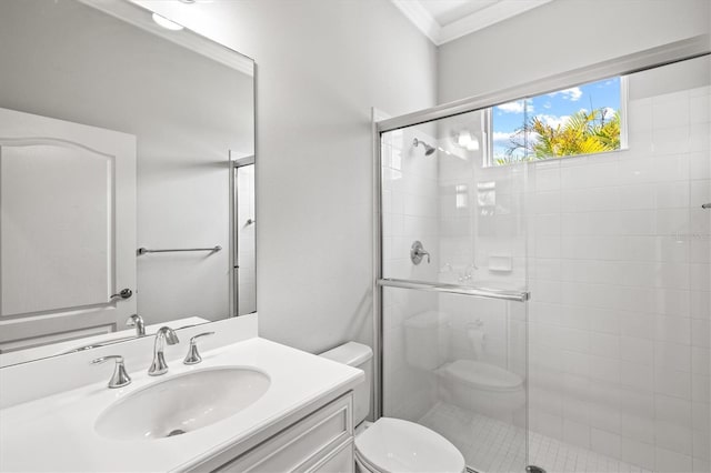 12301 Auburndale Ct, Venice, FL 34293 - full bathroom featuring a stall shower, vanity, and ornamental molding