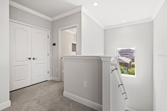 12301 Auburndale Ct, Venice, FL 34293 - corridor with an upstairs landing, carpet, ornamental molding, and recessed lighting