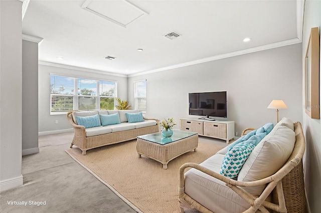 12301 Auburndale Ct, Venice, FL 34293 - living room featuring ornamental molding, light colored carpet, and attic access
