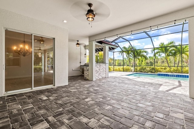 12301 Auburndale Ct, Venice, FL 34293 - view of patio featuring a lanai, an outdoor pool, and ceiling fan