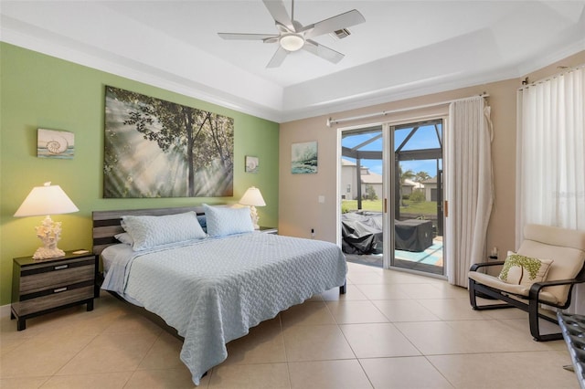 5001 Almar Dr, Punta Gorda, FL 33950 - bedroom with a tray ceiling, access to exterior, light tile patterned flooring, and ceiling fan