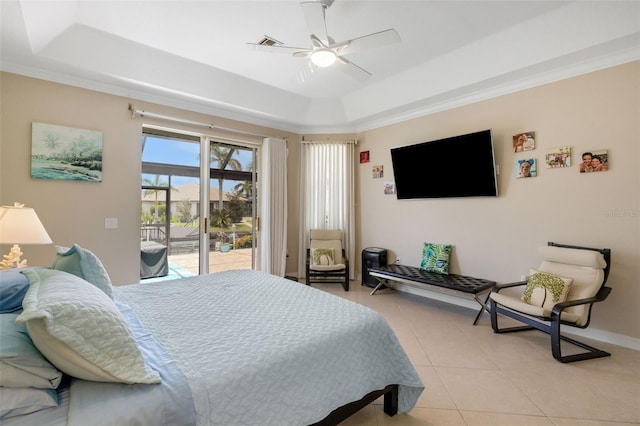 5001 Almar Dr, Punta Gorda, FL 33950 - bedroom featuring a raised ceiling, access to outside, light tile patterned floors, and ceiling fan