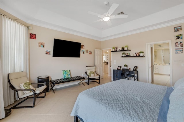5001 Almar Dr, Punta Gorda, FL 33950 - bedroom featuring light tile patterned floors, crown molding, a tray ceiling, and ceiling fan