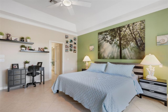 5001 Almar Dr, Punta Gorda, FL 33950 - bedroom featuring tile patterned floors, a desk, ceiling fan, and crown molding