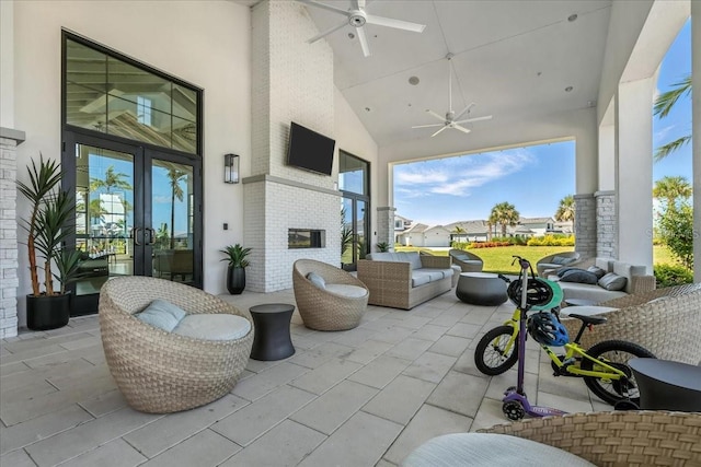 18525 Midsummer Pl, Venice, FL 34293 - view of patio / terrace featuring a ceiling fan and french doors