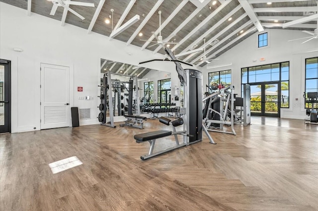 18525 Midsummer Pl, Venice, FL 34293 - workout area featuring high vaulted ceiling, ceiling fan, beam ceiling, and recessed lighting