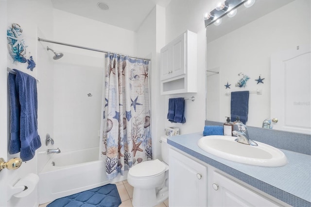 4841 Whispering Oaks Dr, North Port, FL 34287 - bathroom featuring vanity, shower / bathtub combination with curtain, and tile patterned flooring
