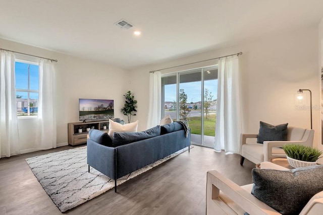 living room with light hardwood / wood-style flooring