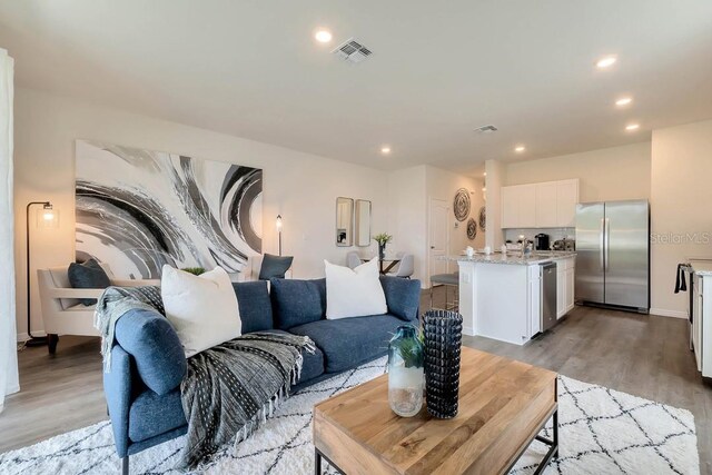 living room featuring light hardwood / wood-style flooring and sink