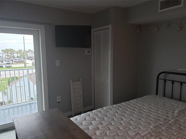 bedroom featuring a closet, multiple windows, and access to exterior