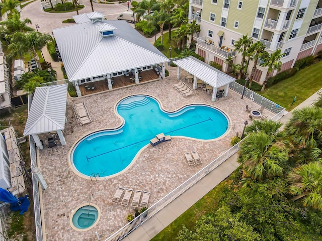 view of swimming pool with a gazebo and a patio area