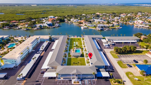 aerial view featuring a water view