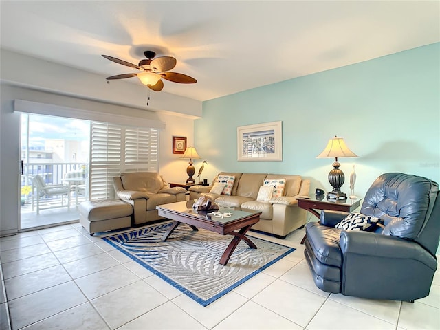 living room featuring light tile patterned floors and ceiling fan