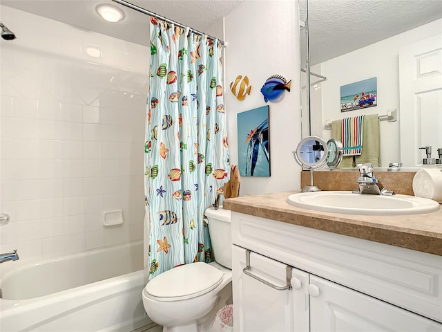 full bathroom featuring vanity, shower / tub combo, a textured ceiling, and toilet