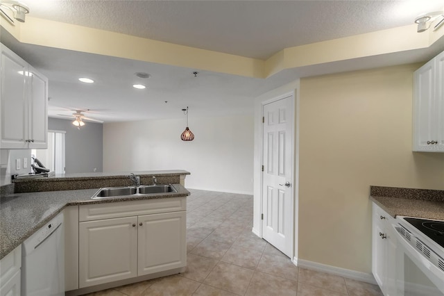 kitchen featuring white appliances, sink, light tile patterned floors, white cabinetry, and ceiling fan