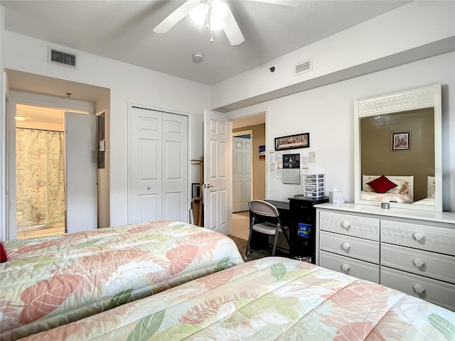 bedroom featuring ceiling fan and a closet