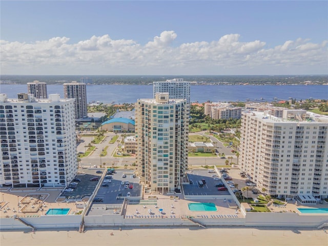 bird's eye view with a water view