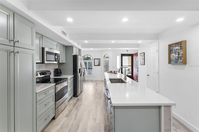 kitchen with appliances with stainless steel finishes, sink, decorative backsplash, a center island with sink, and light wood-type flooring