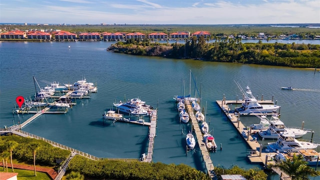 drone / aerial view featuring a water view