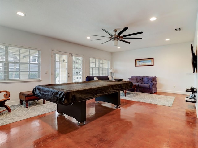 game room featuring french doors, billiards, and ceiling fan