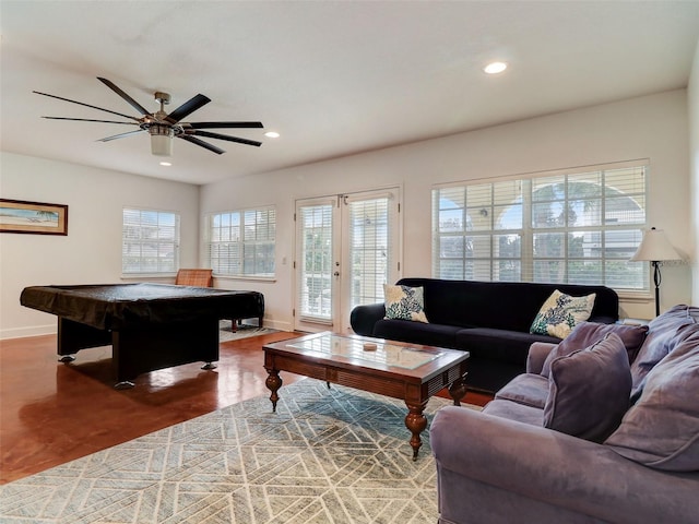living room featuring pool table, ceiling fan, and french doors