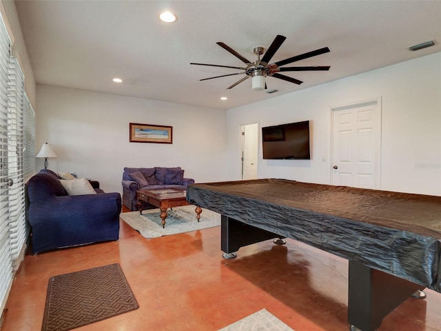 game room with billiards and ceiling fan