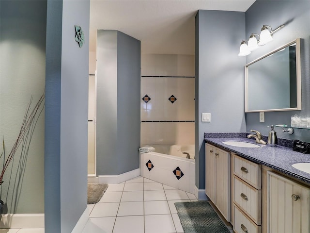 bathroom featuring tiled shower / bath combo, tile floors, and dual bowl vanity