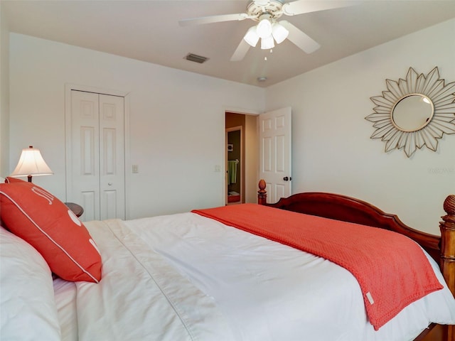 bedroom featuring a closet and ceiling fan