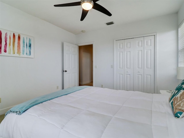 bedroom featuring a closet and ceiling fan