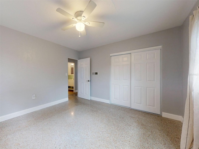 unfurnished bedroom with a closet and ceiling fan