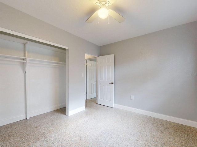 unfurnished bedroom featuring a closet and ceiling fan