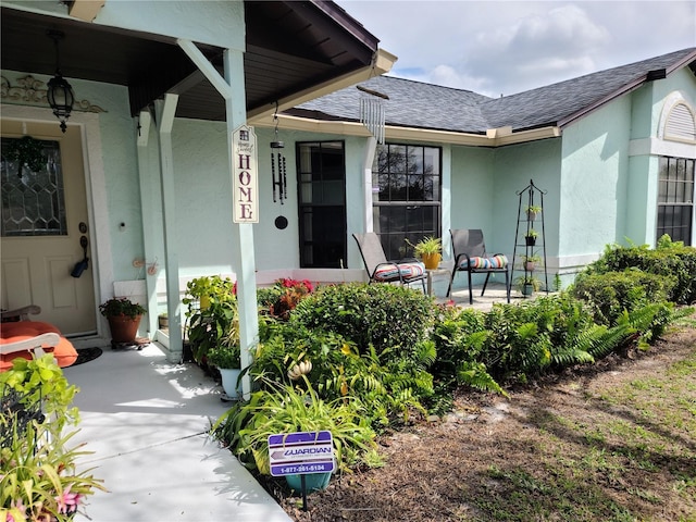 property entrance featuring stucco siding, covered porch, and a shingled roof