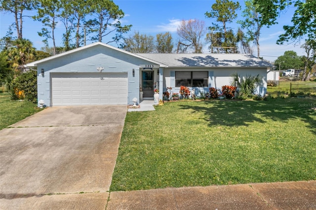 single story home with a front yard and a garage