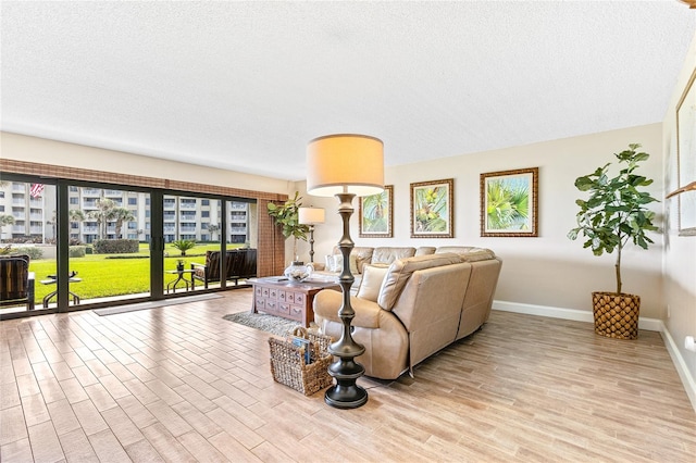 living room featuring light hardwood / wood-style floors and a textured ceiling