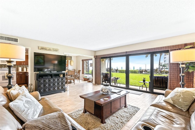 living room with a textured ceiling and light hardwood / wood-style flooring