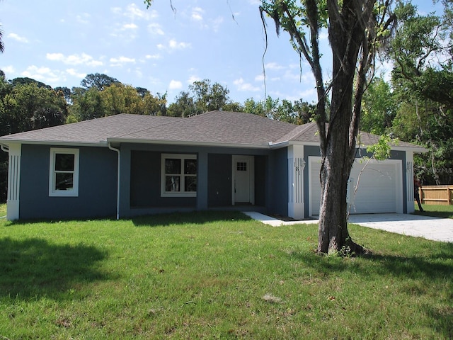 ranch-style house with a front yard and a garage