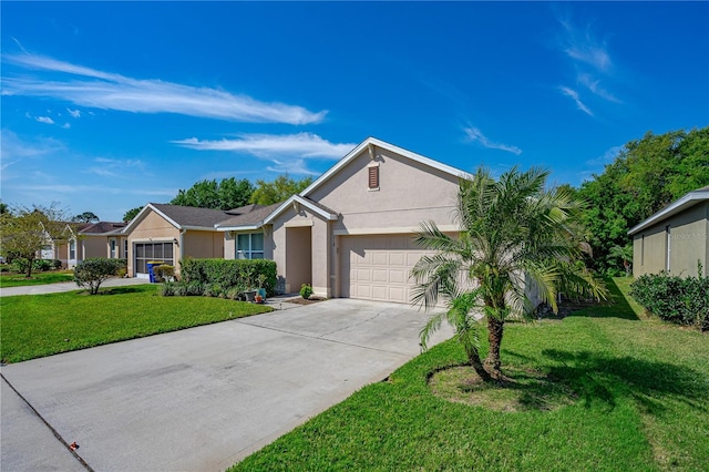 single story home featuring a front lawn and a garage